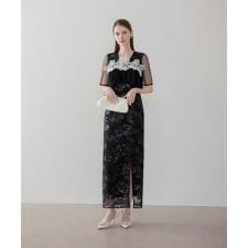 レースフラワースパンコールエンブロイダリービスチェIラインワンピースドレス