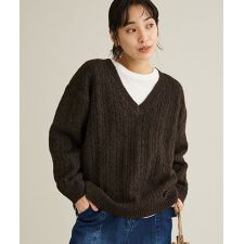 洗える／起毛ケーブルVニットネックニットプルオーバー