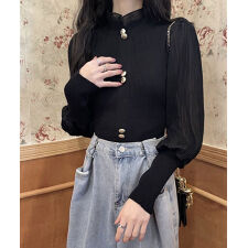異素材ドッキングブラス バルーン袖 リブニットトップス オフィスカジュアル
