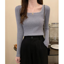 Uネックリブニットトップス