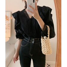 Vネックフリルレースブラウス