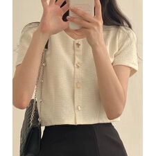 ツイード風ノーカラー半袖ジャケット