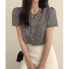 ツイード風ノーカラー半袖ジャケット