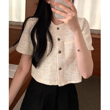 ツイードチェック風ノーカラー半袖ジャケット