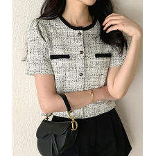 ツイードチェック風ノーカラー半袖ジャケット