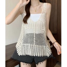 メッシュ編みサマーニットタンクトップ ビスチェ