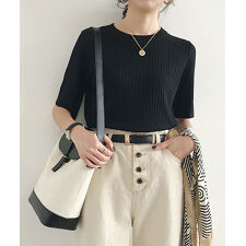 【7色】ベーシックリブ五分袖ニット