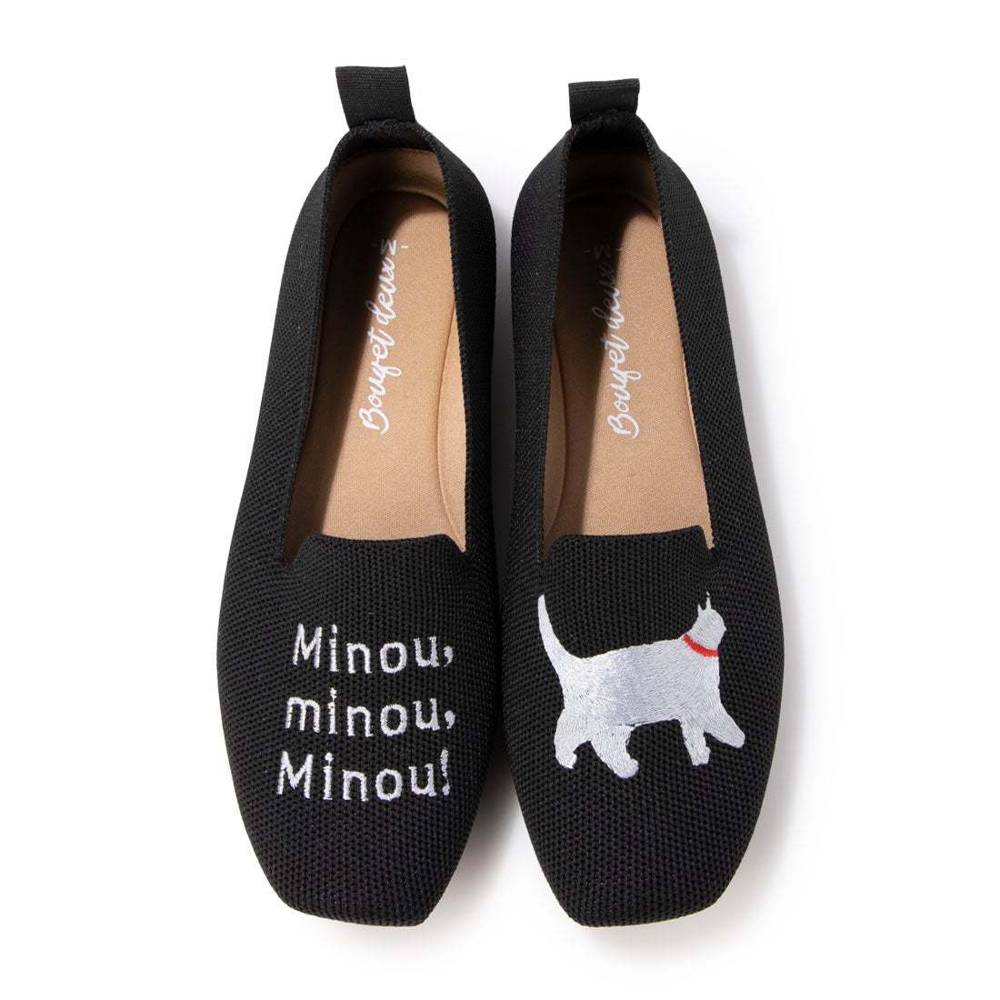 洗える 軽量 ローヒール スクエア 猫刺繍 アニマル ニットパンプス