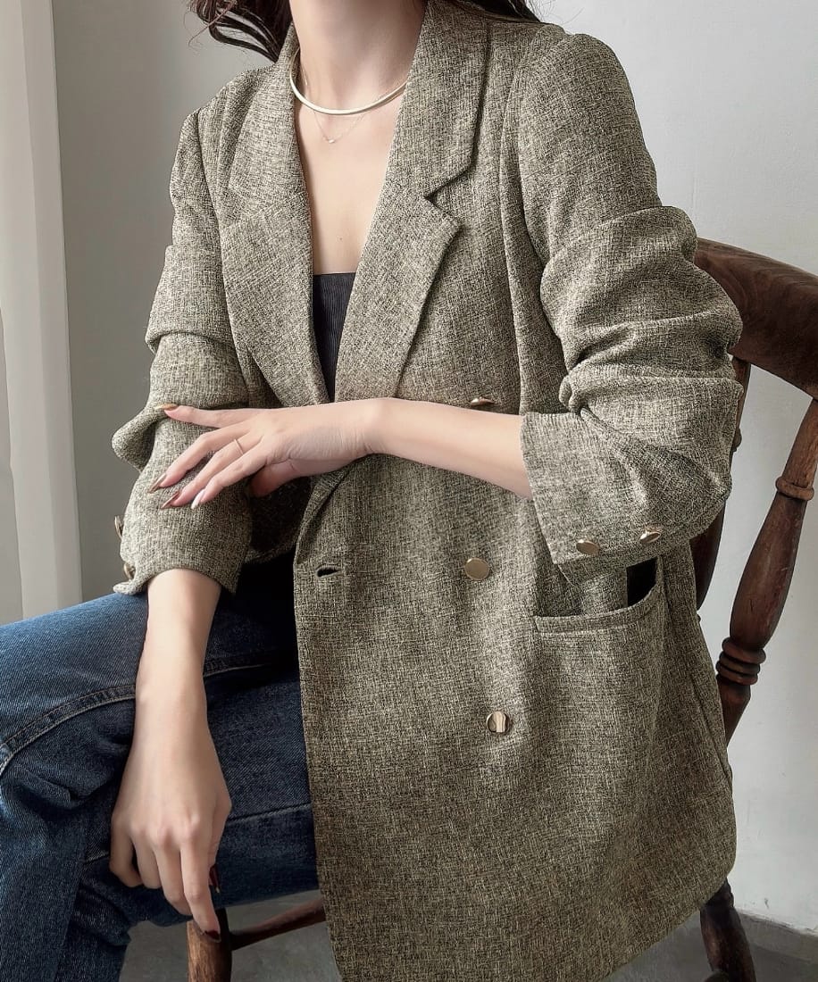 Meiru 薄手ツイード金ボタンテーラードジャケット