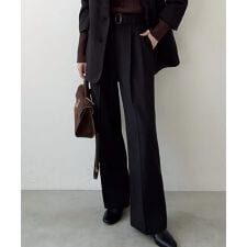 Meiru　ベルト付きツータックワイドパンツ(薄手、裏地なし)【セットアップ対応】