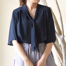 ボウタイブラウス レディース 春 夏 秋 半袖 五分袖 フレアスリーブ
