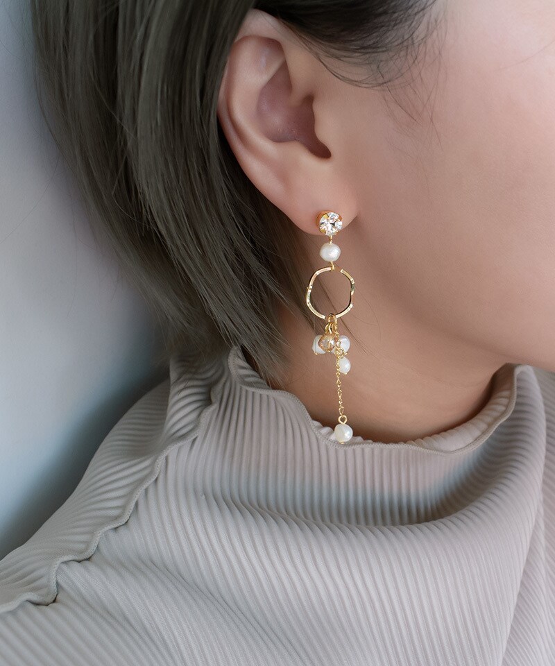 4℃10KYGピアス/2way/キュービックジルコニア/ゆらゆら可愛い♡ キュービックジルコニア】ゆらゆらラインフラワー 秋っぽ