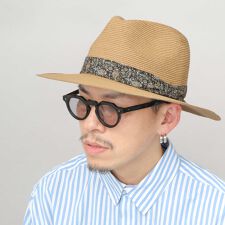 6mm細ブレード フラットミドルブリム ペイズリー帯 ペーパー（麦わら風） 中折れハット