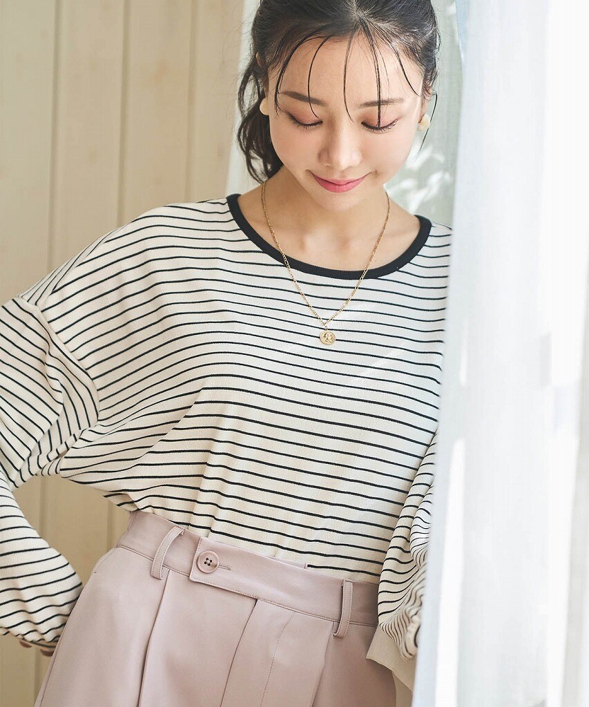 【極美品】23区★大人上品な雰囲気♪ ボーダー柄長袖カットソー サイズ38 アイボリー×ブラウン系 z18160 23区 - 【極美品】23区☆大人上品な雰囲気♪ ボーダー柄長袖カットソー