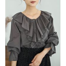 【mil (ミル)】 ラッフルフリルカラー コットンブラウス 【綿100%】