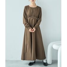 【mil (ミル)】配色 サテンパイピング ワンピース フレアシルエット 長袖 【洗える】
