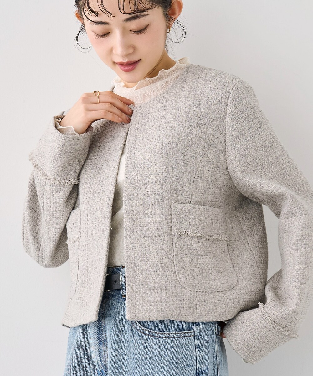 ハレの日・通勤】 ミックスツイード ノーカラージャケット 【mil (ミル