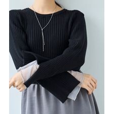 【mil (ミル) / 人気 ♪】 袖口チュールレイヤード リブニット