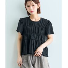 【イージーケア】カット楊柳 シャーリングペプラムブラウス 【mil (ミル)】