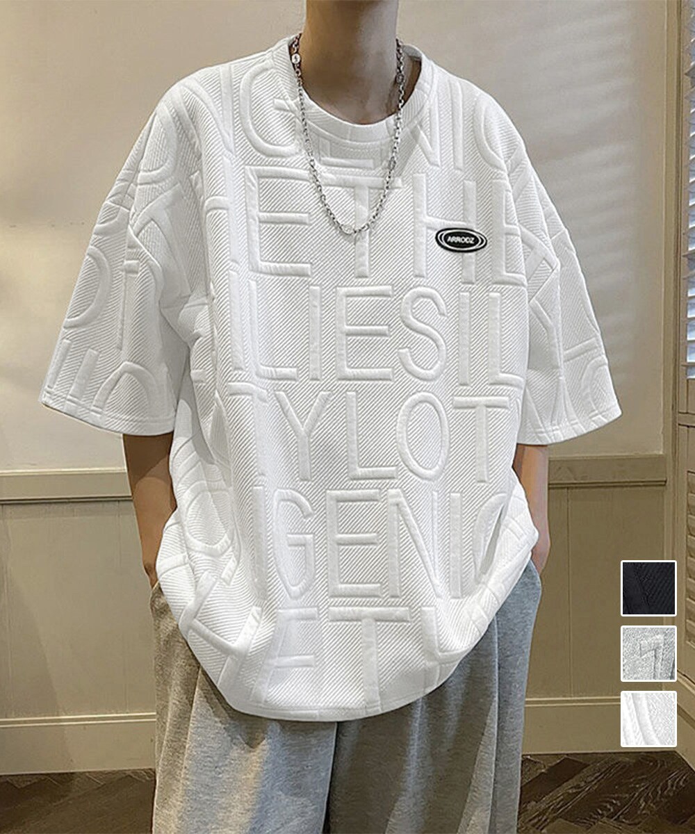 エンボス テクスチャ 半袖 Tシャツ 大人カジュアル Tシャツ メンズ 半袖 エンボス 加工 薔薇 刺繍 ローズ フラワー