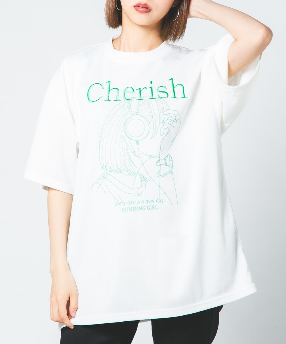スペースグラム】ガール プリント 線画 イラスト ポンチTシャツ