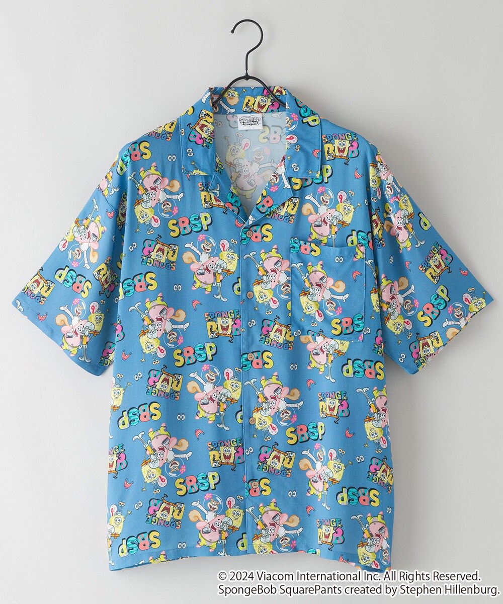 スポンジ・ボブ】 オリジナルプリントレーヨン総柄シャツ キャラアロハ
