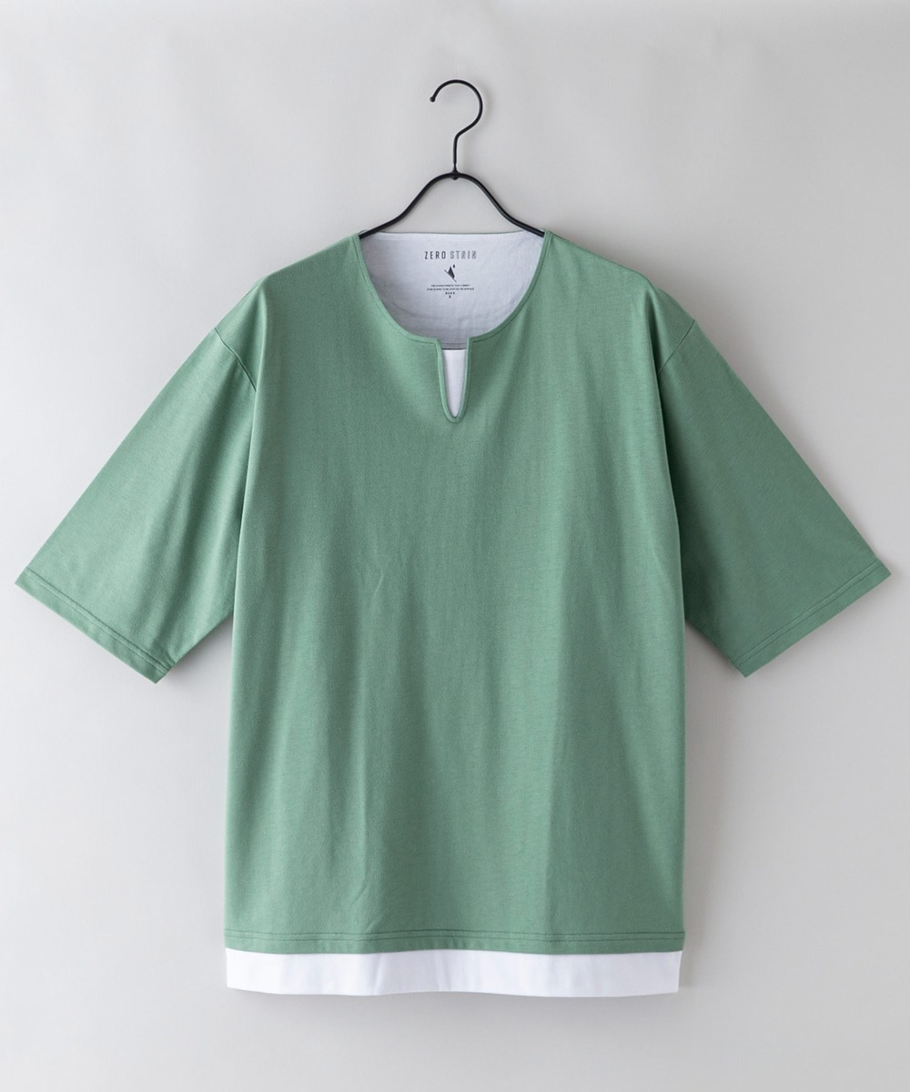 汗じみ 目立ちにくい ZEROSTAIN フェイクレイヤード ビッグキーネックTシャツ
