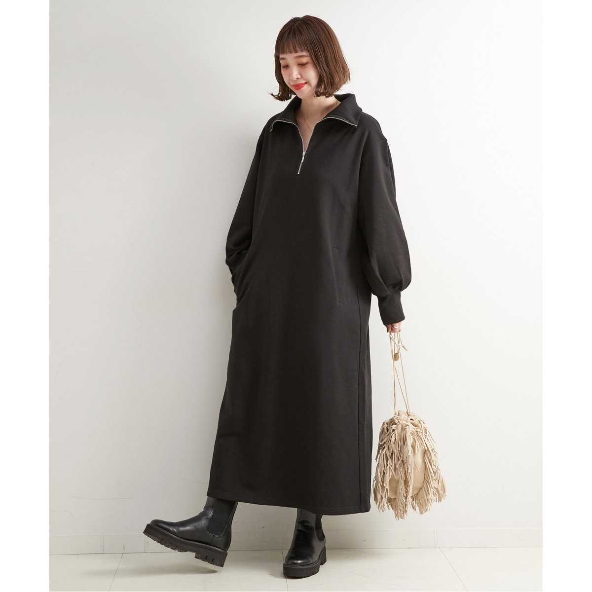 テリー裏毛ハーフジップロングワンピース | ベーセーストック(B.C