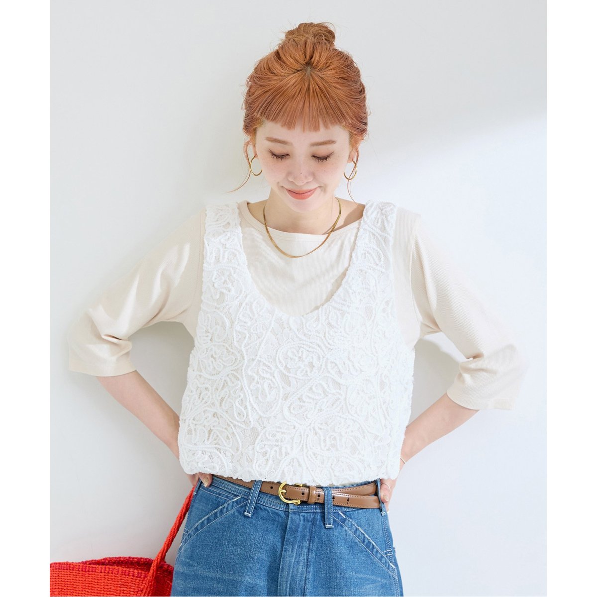 tシャツ 「2点セット」手洗い可 / レースタンク付き五分袖リブプルオーバー レディース 2点セット》手洗い可 / レースタンク付き五分袖リブプルオーバー