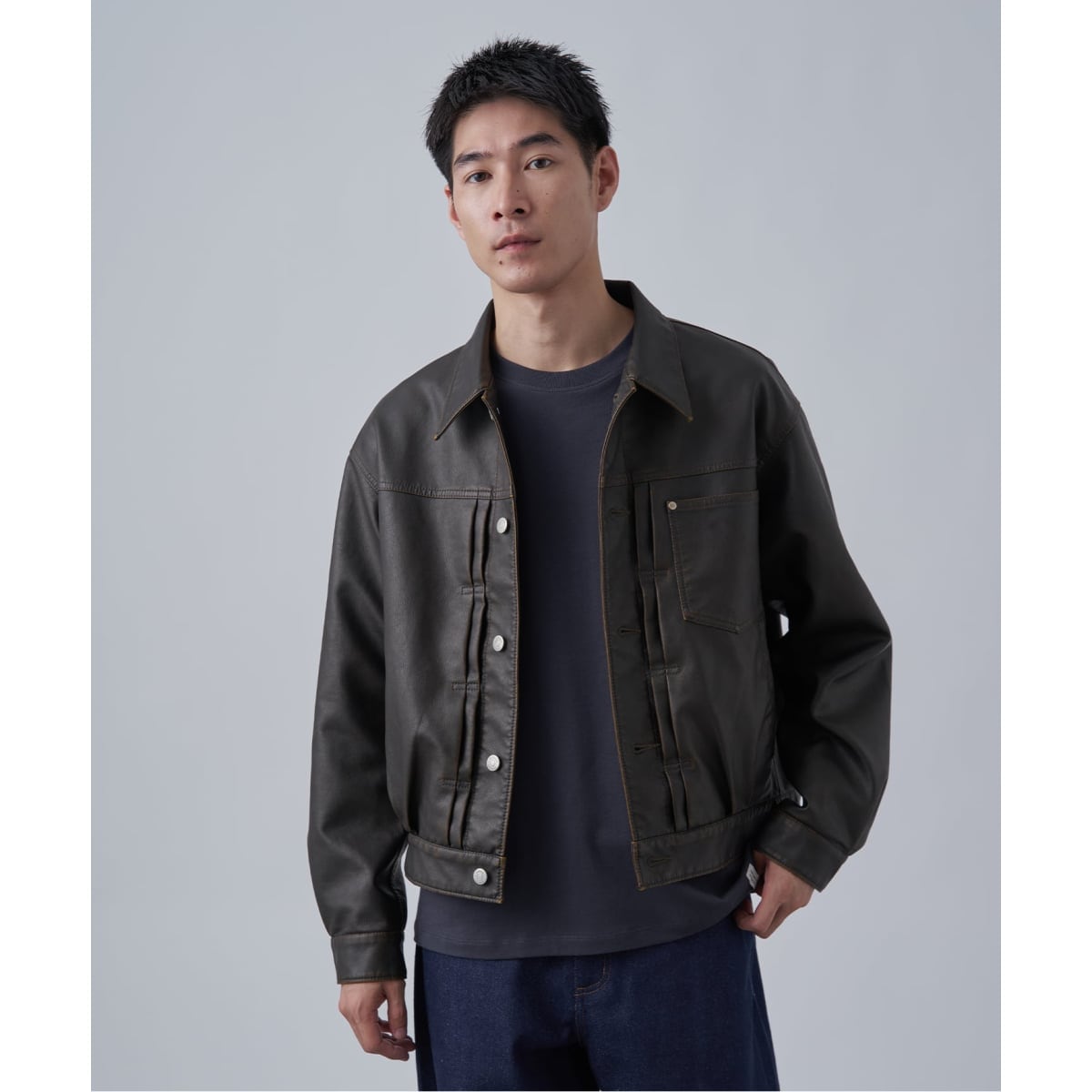 ドレープ 変形 ライダース ゆったりとしたシルエット】 フェイクレザー ダブル ライダース