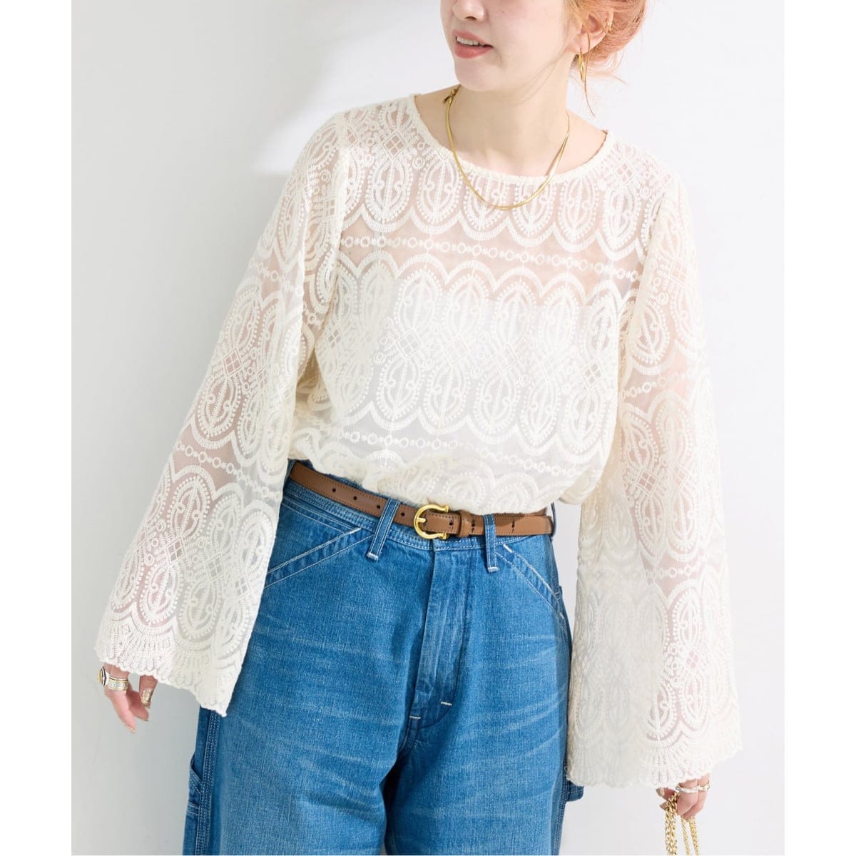 フラメンコ 総レース ブラウス ベージュ 長袖ミニ4段ボランテ　スペインMサイズ 追加》手洗い可 / 総レースブラウス | ベーセーストック(B.C