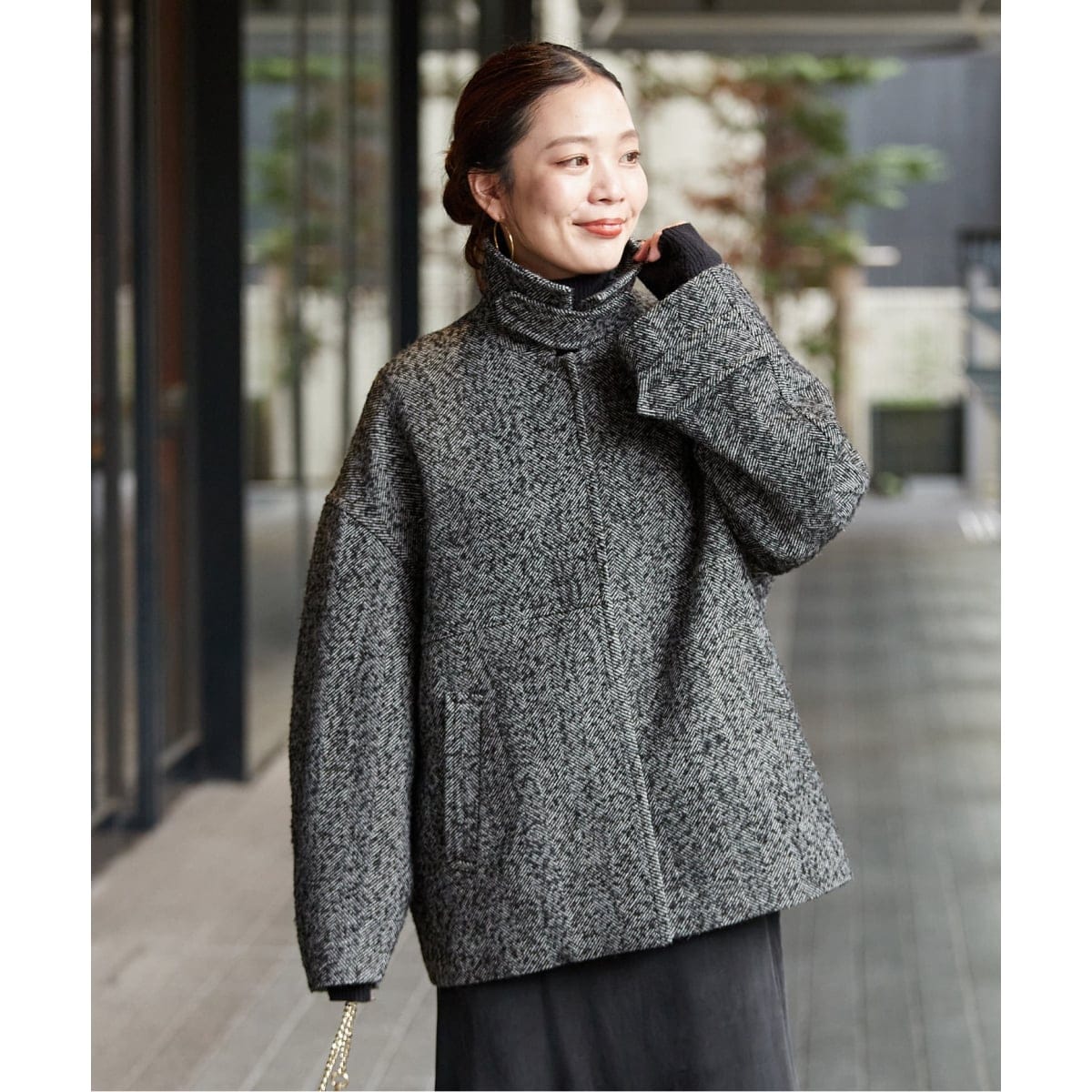 B.C STOCK　23年　ブークレーコート　ウール混　ノーカラー　フリーサイズ B.C STOCK 23年 ブークレーコート ウール混 ノーカラー