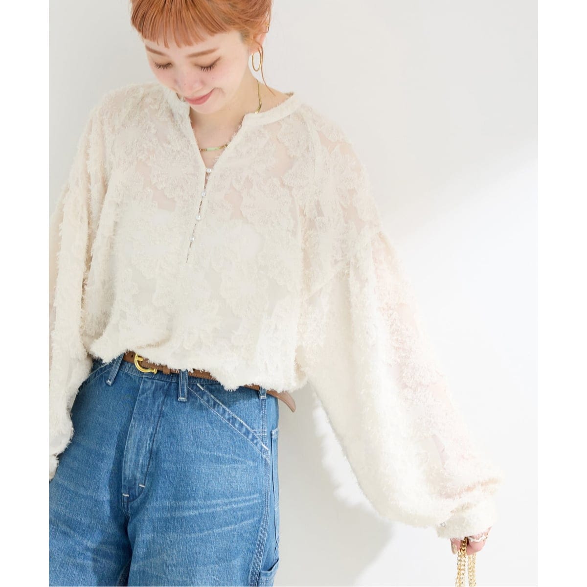 追加9予約》手洗い可 / パフスリーブジャガードブラウス | ベーセー