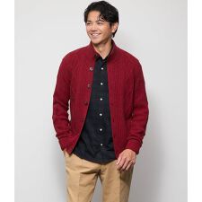 カシミヤ混 ケーブル スタンドカラーカーディガン