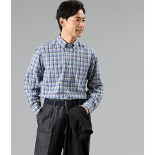 【吸水速乾】サッカー ネイビーチェック 長袖ショートボタンダウンシャ