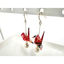 鶴パールピアス　赤