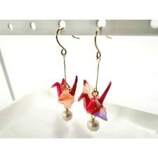 鶴パールピアス　桃