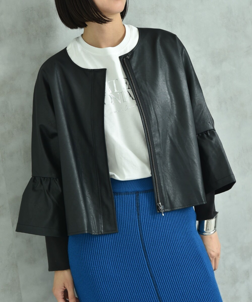 フェイクレザーフリルスリーブレイヤードジャケット | インター