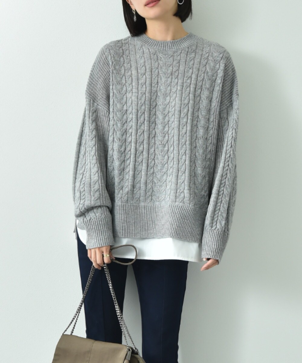 ケーブル柄裾異素材ドッキングクルーネックプルオーバー | インター