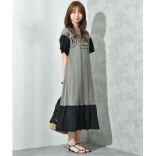 袖裾布帛切替ロゴワンピース