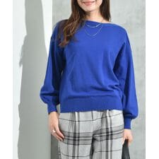 ボートネック配色袖ボリュームニット