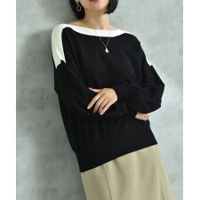 ボートネック配色袖ボリュームニット