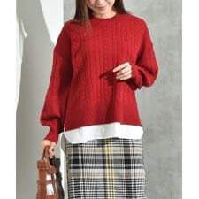 ケーブル柄裾異素材ドッキングクルーネックプルオーバー