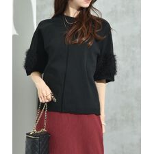 超軽量リブ切替袖フェザーデザイン半袖プルオーバー