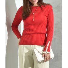 配色クルーネック袖ボタンプルオーバー