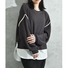 畦編み配色シャツレイヤード風プルオーバー