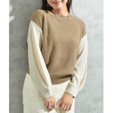 片畦編み配色クルーネックプルオーバー