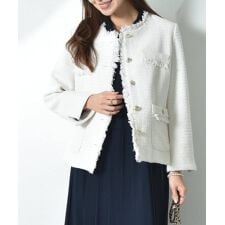 ツイードゴールド釦デザインポケットノーカラージャケット