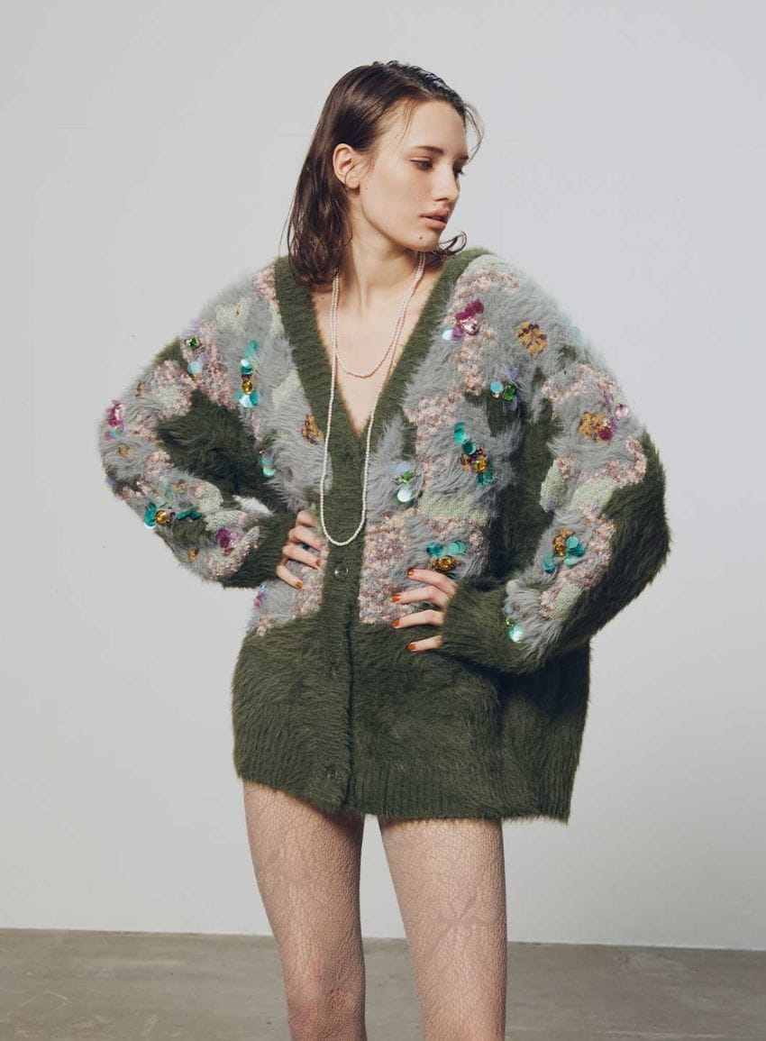 コエル 花柄ビジューシャギーカーディガン完売カーキ