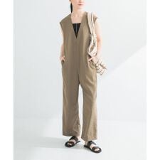 『2サイズ展開』リネンライク深Vネックオールインワン